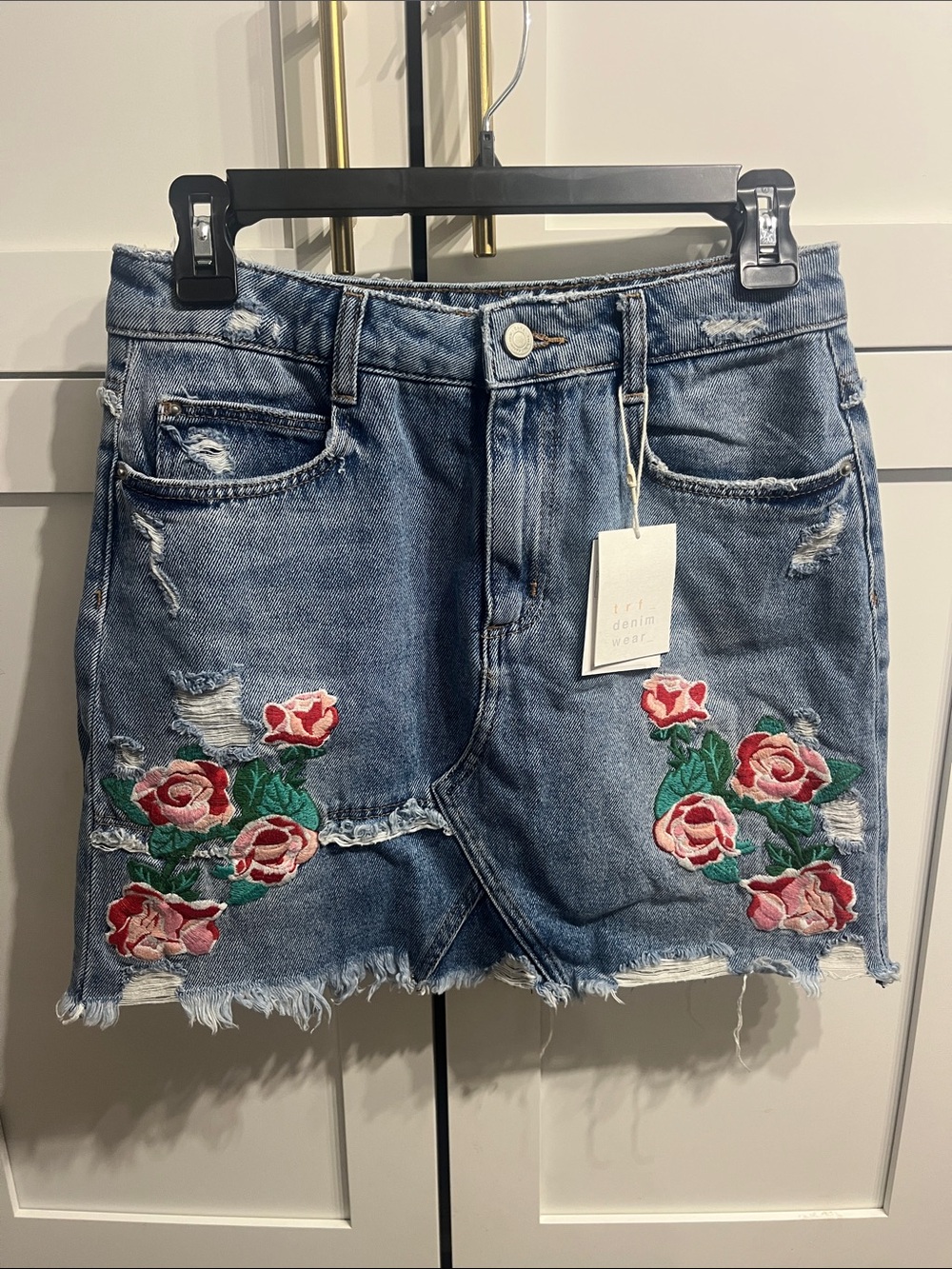 Zara Blue Distressed Denim Mini Skirt with Rose Embroidery